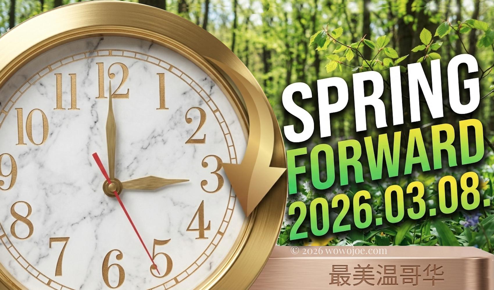 Alt Text: A stylized digital clock set against a modern marble and gold background, showing the transition to Spring Forward on March 8, 2026, to mark British Columbia's permanent adoption of Daylight Saving Time.