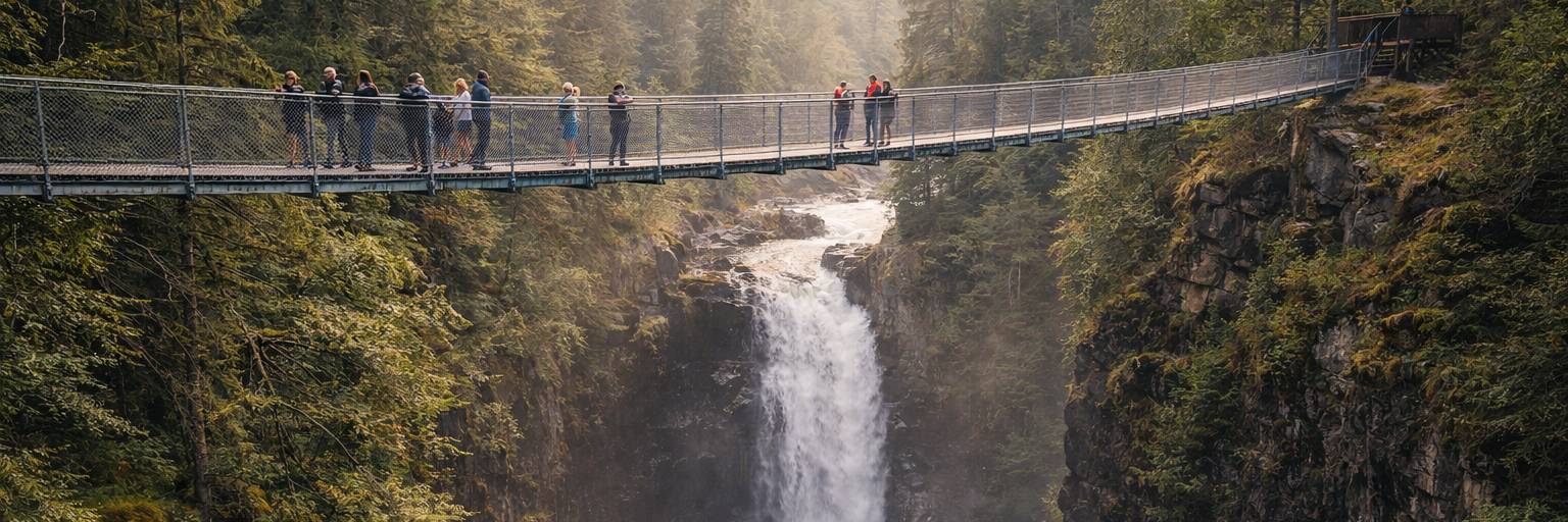 Elk Falls Suspension Bridge in Campbell River, Vancouver Island, a popular stop on RV travel routes