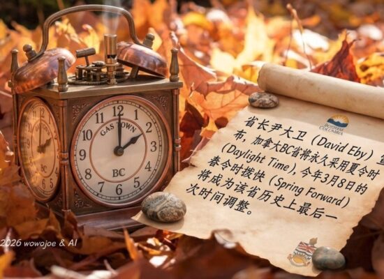 A vintage black alarm clock sitting among golden autumn fallen leaves, with soft sunlight hitting the clock face as the hands point to 2:00.