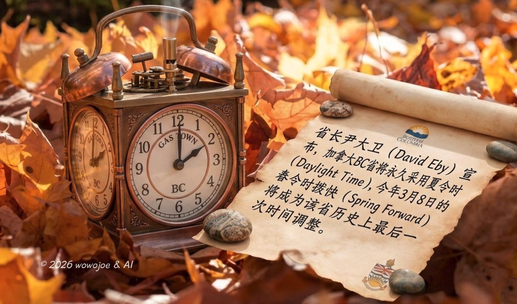A vintage black alarm clock sitting among golden autumn fallen leaves, with soft sunlight hitting the clock face as the hands point to 2:00.